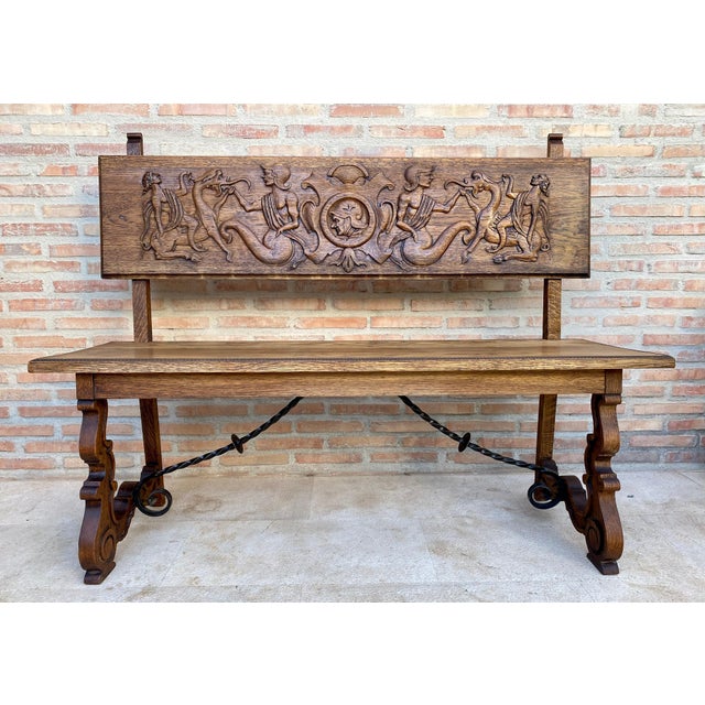 Spanish Renaissance Carved Oak Bench Banquette Escaño, 1890s For Sale - Image 10 of 18