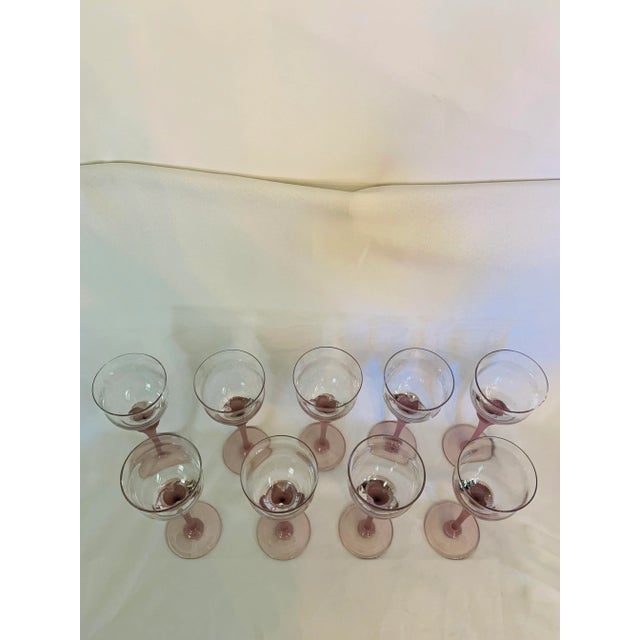 Transparent Vintage Frosted Dusty Rose-Color Stem Deco-Style Wine Glasses- Set of 9 For Sale - Image 8 of 13