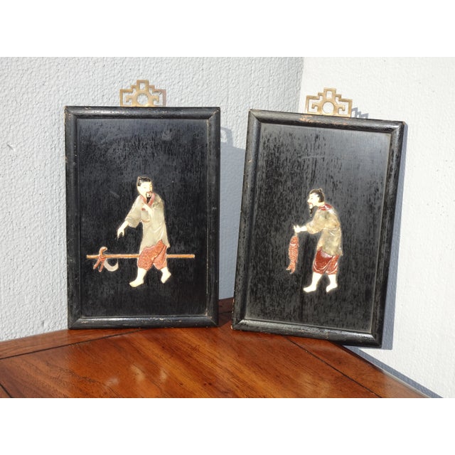 Asian Oriental Asian Black Pictures with Mother of Pearl 'Men Farming & Fishing' - a Pair For Sale - Image 3 of 9
