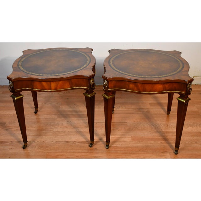 1930 Weiman English Regency Mahogany Leather Top Set Coffee Table & Side Tables For Sale - Image 13 of 18