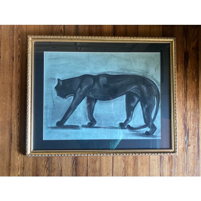 Wood Original Signed Charcoal Drawing of Black Cat in Gold Vintage Frame With Beautiful Matting. For Sale - Image 7 of 9