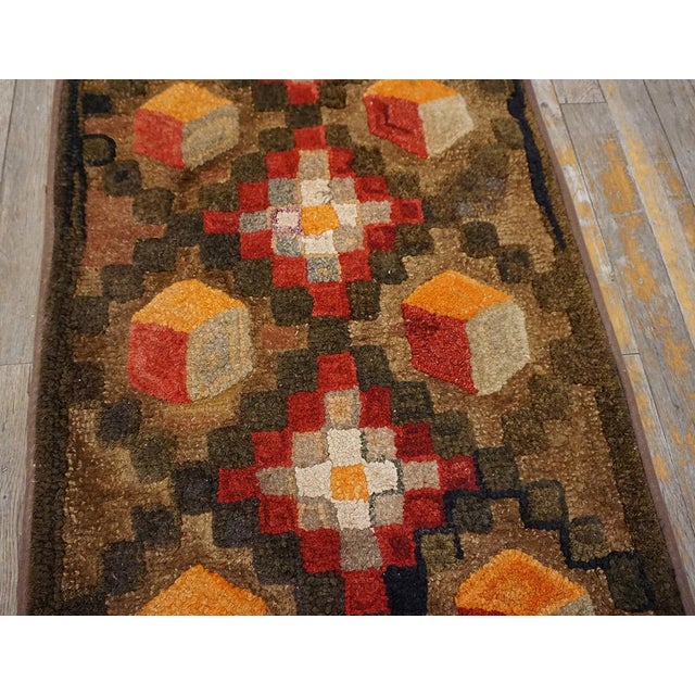 Brown 1920s Brown Diamond Folk Art Antique American Hooked Rug 1'10" X 14' Hand Knotted Cotton Wool Carpet For Sale - Image 8 of 11