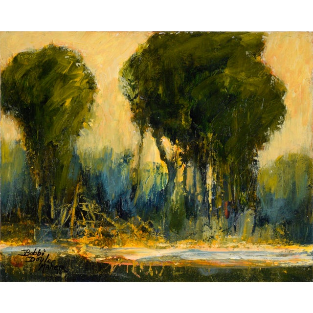 Contemporary Trees by the Pond at Sunset - Landscape in Acrylic on Artist's Board by Bobbi Doyle-Maher For Sale - Image 3 of 8
