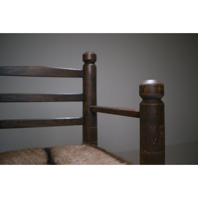 Rustic Modernist French Armchair in Stained Oak and Animal Hide, 1950 For Sale - Image 10 of 18