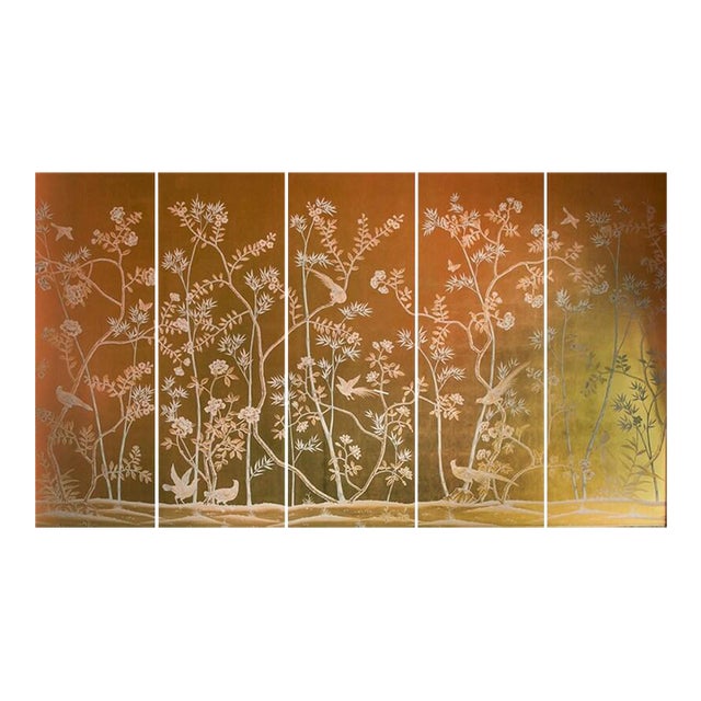 W36" * H100"/Panel, Hand-Painted Chinoiserie Birds and Flowers Wallpaper, Gold Leaf Wallpaper, Custom Panel Size Available For Sale