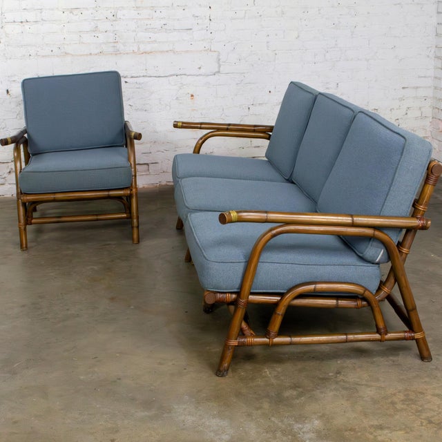 Fantastic vintage Tropical or Coastal style rattan 3-piece sofa and lounge chair set by Calif-Asia composed of walnut...