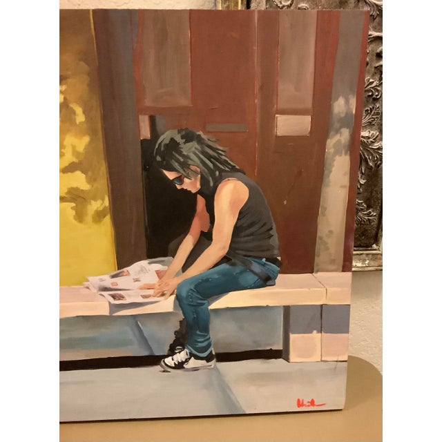 Modern Realism Lady Reading Newspaper Painting on Board For Sale - Image 4 of 7