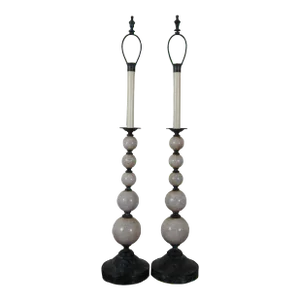Late 20th Century Maitland Smith Shell Mosaic Stacked Ball Candlestick Buffet Table Lamps - Set of 2