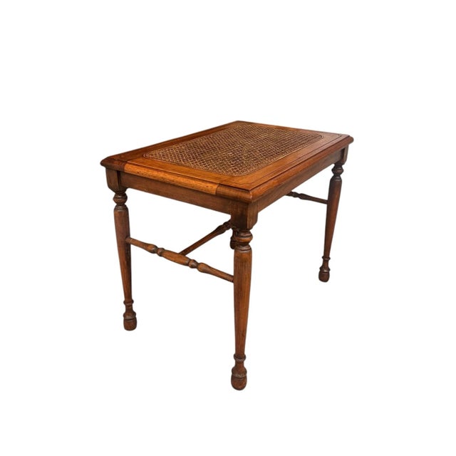 1970s Vintage Traditional Wooden Accent Table or Decorative Bench With Turned Legs and Supports and Caned Top For Sale - Image 4 of 7