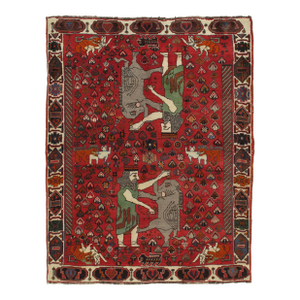 Vintage Shiraz Rug, Nomadic Handmade Wool Rug, Red, Green, Navy, Gray and Ivory
