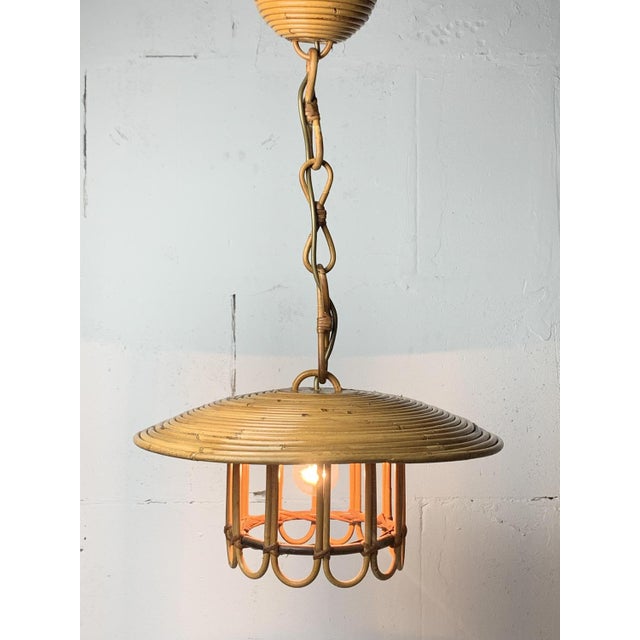 Khaki Mid-Century Pencil Reed Rattan Bamboo Pendant Hanging Lamp, Italy, 1970s For Sale - Image 8 of 16
