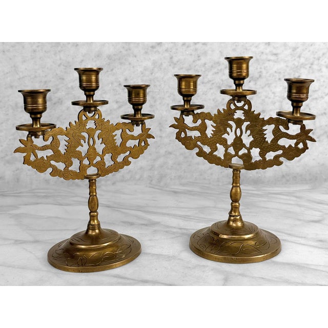Chinoiserie Vintage Chinese Chinoiserie Brass Dragon Candlestick Candelabra - A Pair For Sale - Image 3 of 9