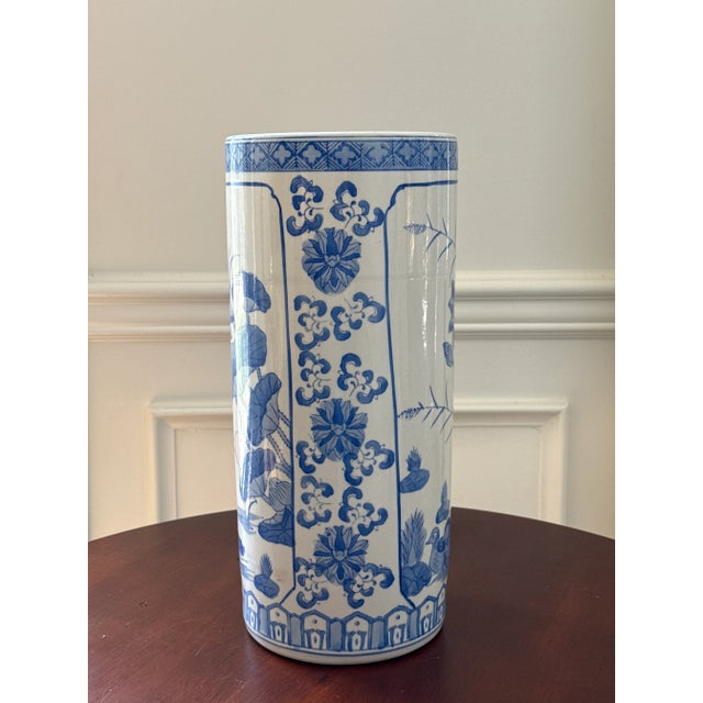 Vintage Hand Painted Blue and White Umbrella Stand For Sale - Image 4 of 8