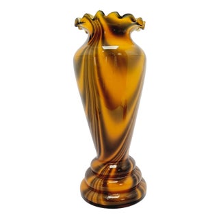 Mid-Century Amber Slag Glass Vase with Ruffled Rim For Sale