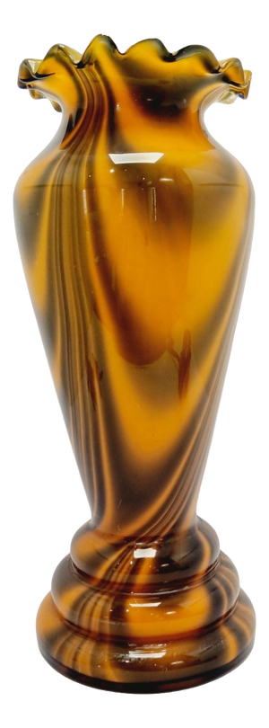 Mid-Century Amber Slag Glass Vase with Ruffled Rim