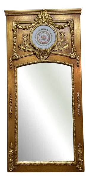 French Trumeau Style Gilt Wood Mirror with Central Plaque