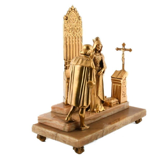 Antique Gilded Bronze Queen Isabella and Christopher Columbus Sculpture on Marble Base, Late 19th–Early 20th Century For Sale - Image 4 of 8