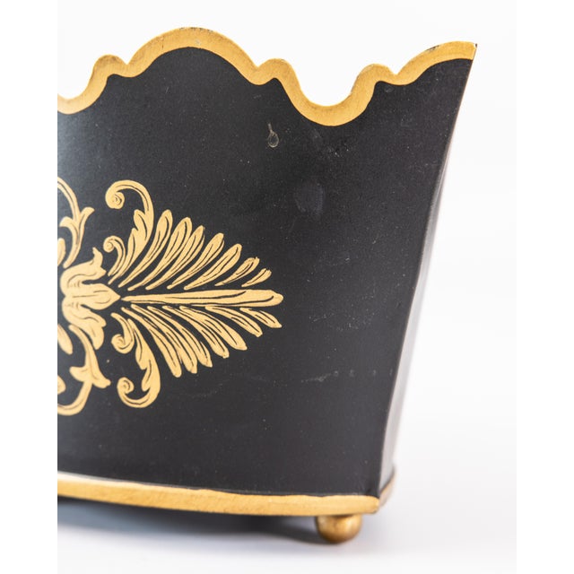 Metal Vintage Italian Black and Gilt Tole Floral Jardiniere Cachepot For Sale - Image 7 of 11