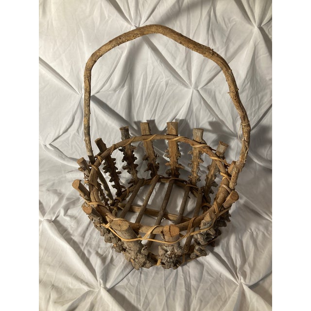 Wood Americana Antique Adirondack Twig Mushroom Foraging basket.Adirondack Twigs Primitive Style W/ a Large Bent Twig Handle. Early 20th Century For Sale - Image 7 of 12