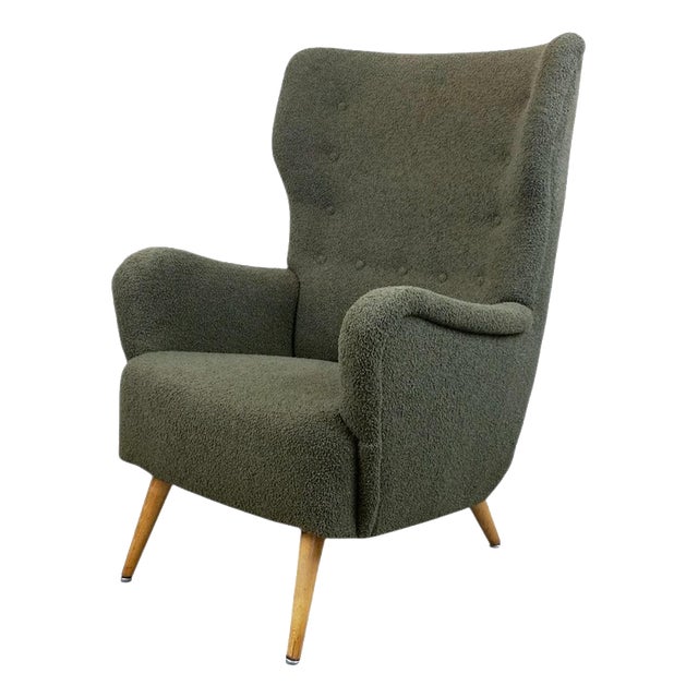 Mid-Century Grey-Green Bouclé Wingback Armchair, Austria, 1950s For Sale