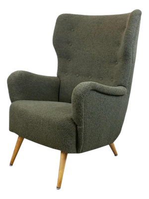 Mid-Century Grey-Green Bouclé Wingback Armchair, Austria, 1950s