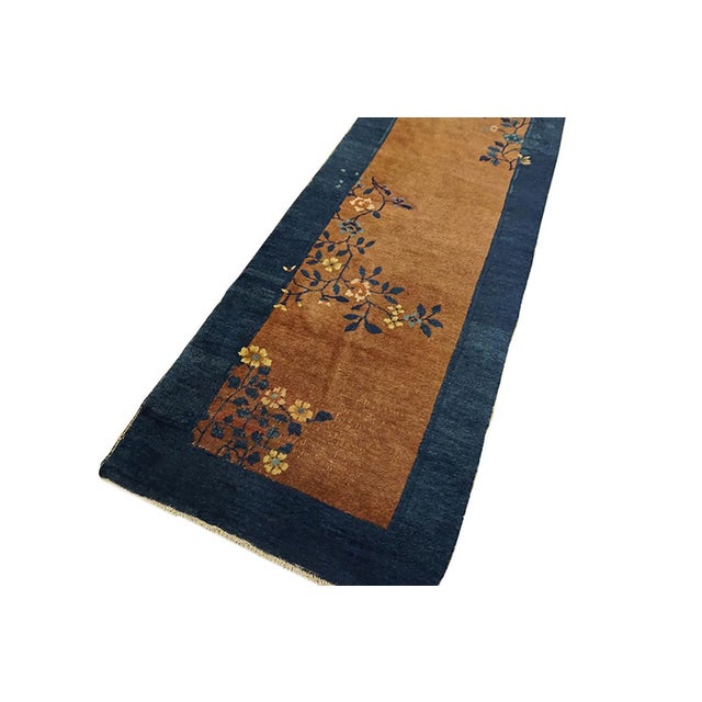 1920s Antique Brown Open Field Wool Floral Peking Chinese Hallway Runner Rug For Sale - Image 4 of 7