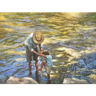 Steady Hand by Sheri Farabaugh | Oil on Canvas Man helping a child in a stream. For Sale