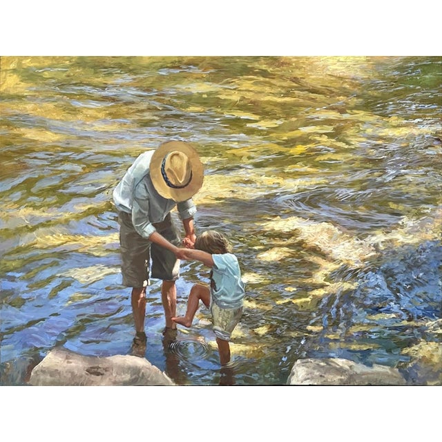 Steady Hand by Sheri Farabaugh | Oil on Canvas Man helping a child in a stream. For Sale
