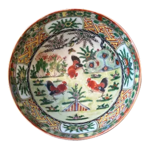 Chinese Fighting Rooster Pattern Rice Bowl, Circa 1920