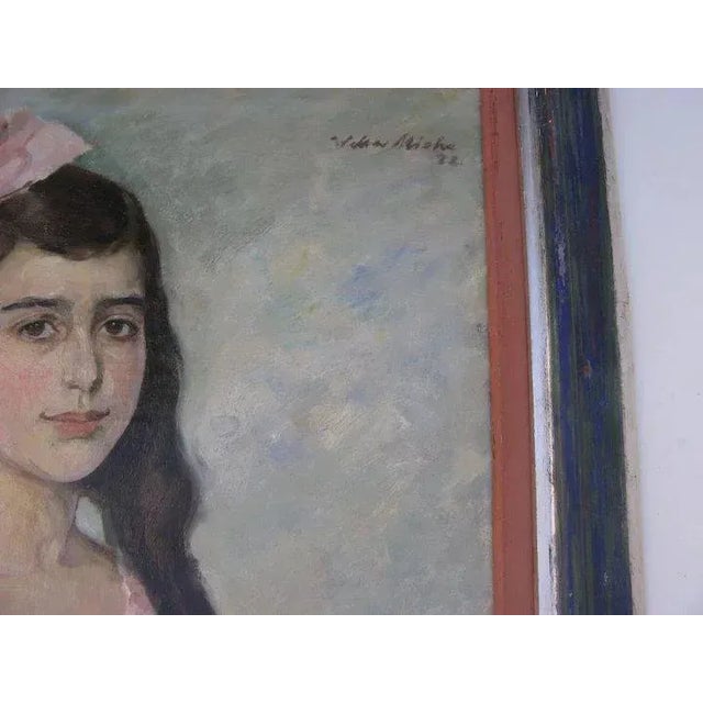 1920s "Portrait of a Girl in Pink" Oil Painting, Framed For Sale - Image 4 of 6