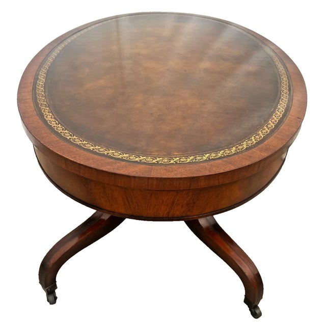 Vintage Weiman Mahogany Oval Coffee Table Brown Tooled Leather Top Federal Style For Sale In Palm Springs - Image 6 of 14
