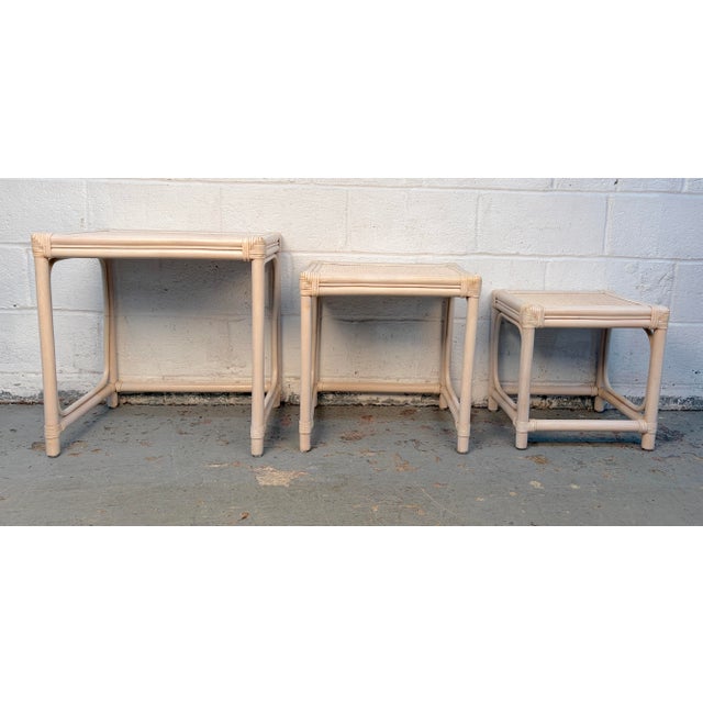 Vintage Set of Three Rattan and Cane Nesting Tables For Sale - Image 4 of 10