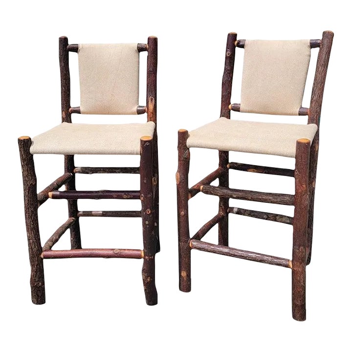 Rare Old Hickory Bar Stools W/ Leather Seats Backs-Pair Chairish