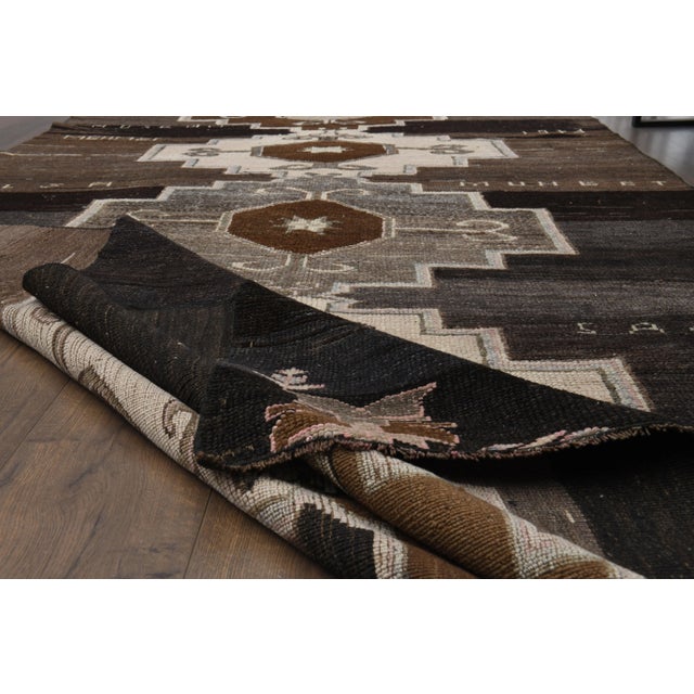 1970s Turkish Hand-Knotted Wool Cotton Brown Runner Rug For Sale - Image 11 of 12