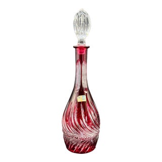 Vintage Lausitzer German Cranberry Cut Crystal Decanter For Sale