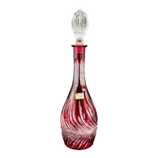 Vintage Lausitzer German Cranberry Cut Crystal Decanter For Sale