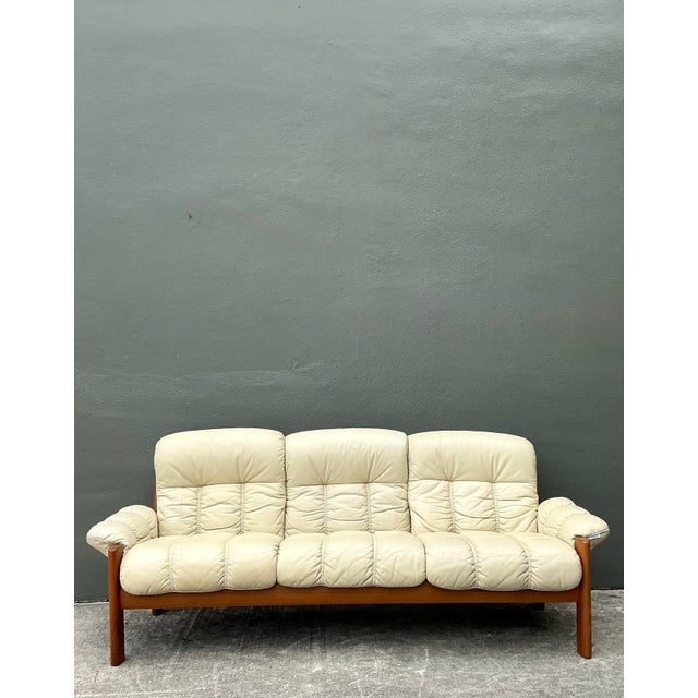 Wood Vintage Ekornes Channel Tufted Leather Sofa For Sale - Image 7 of 12