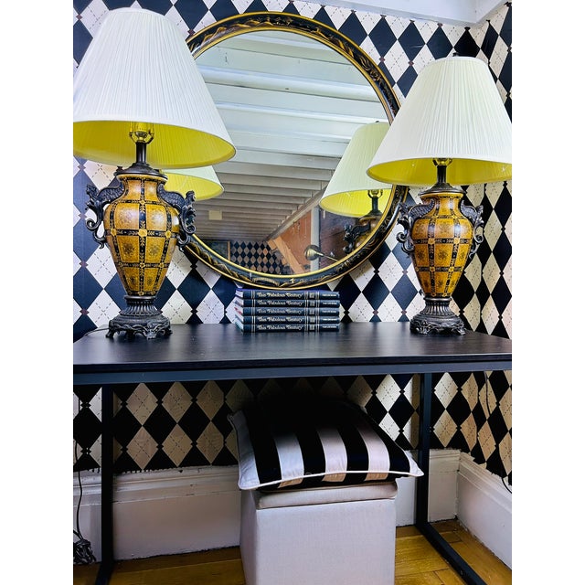 Wood Oversized Black & Gold Lacquer Hand-Painted Chinoiserie Round Mirror 36 Inch Diameter For Sale - Image 7 of 13