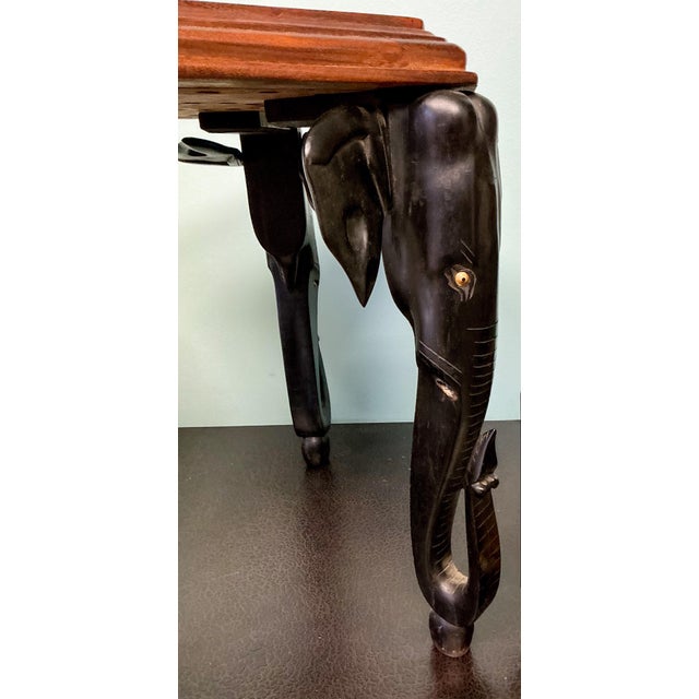 Early Anglo-Indian Carved Elephant Form Drinks Table W/ Parquetry Sunburst Top For Sale - Image 4 of 8