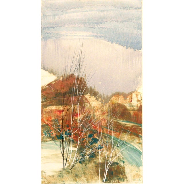 A beautiful abstracted landscape, mixed media print and painting, in soft pastel hues by California artist Katherine Chang...