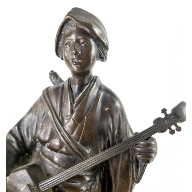 Metal Early 20th Century Japanese Bronze Figure of a Geisha Playing an Instrument For Sale - Image 7 of 9