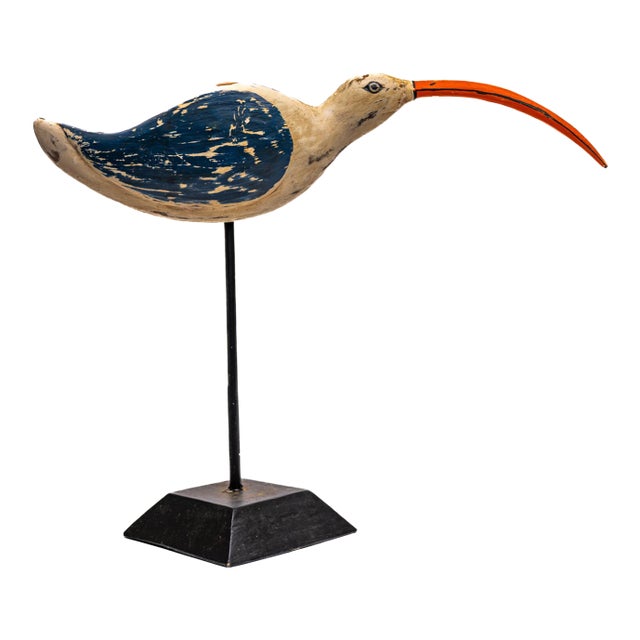 American Folk Art Shorebird With Blue Wing and Painted Beak, Mid-20th Century For Sale