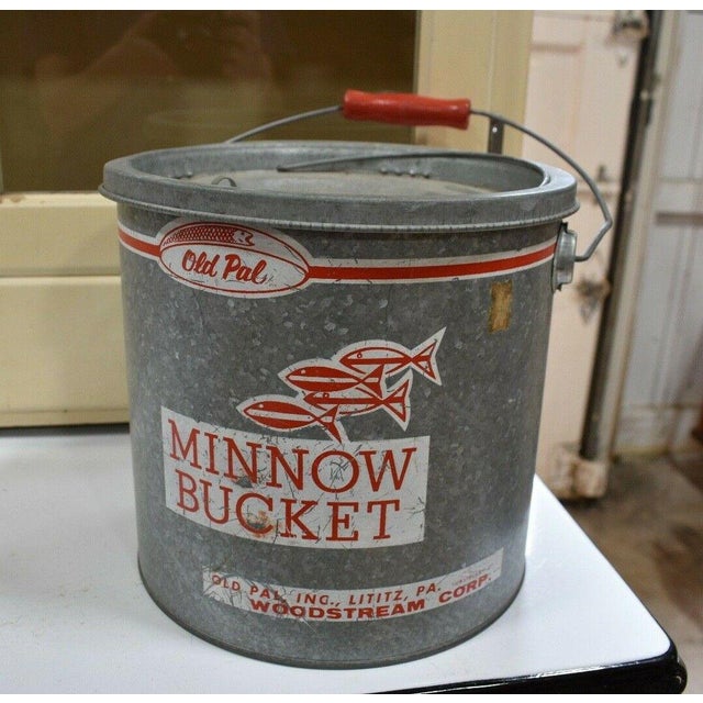 Cool Advertising piece! Vintage Galvanized Bait Can with the original stenciling Old Pal Inc Condition: Used with wear,...