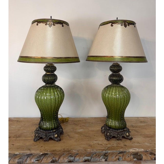 An exceptionally rare and museum-quality pair of vintage Italian Murano glass table lamps, in the manner of Barovier &...