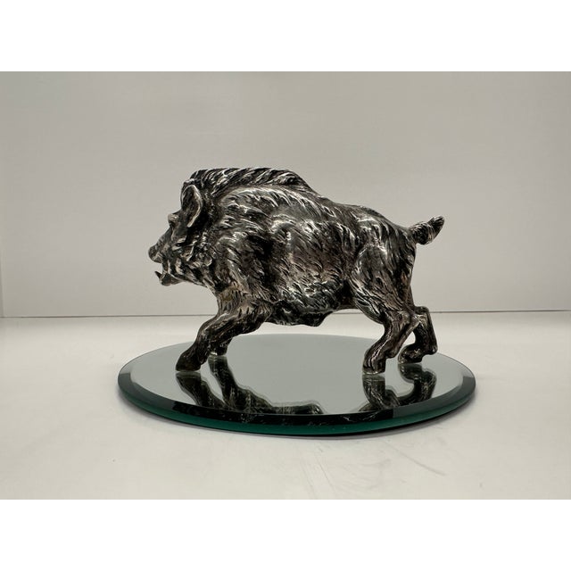 1970s 1970s Solid Sterling Silver Wild Boar / Hog Desk Sculpture (925) – 190g – 6" – Mirror Display Base For Sale - Image 5 of 17