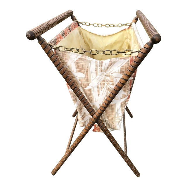 Vintage MCM Folding Stand Up Knitting Craft Sewing Yarn Basket Organizer For Sale