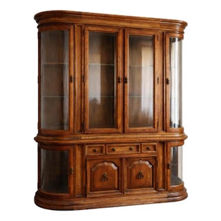 Large Mid-20th Century Colonial Revival Oak China Cabinet With Curved Glass Display Ends & Interior Lighting — Two-Piece Hutch For Sale