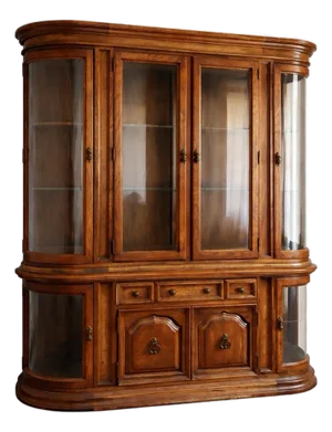 Large Mid-20th Century Colonial Revival Oak China Cabinet With Curved Glass Display Ends & Interior Lighting — Two-Piece Hutch