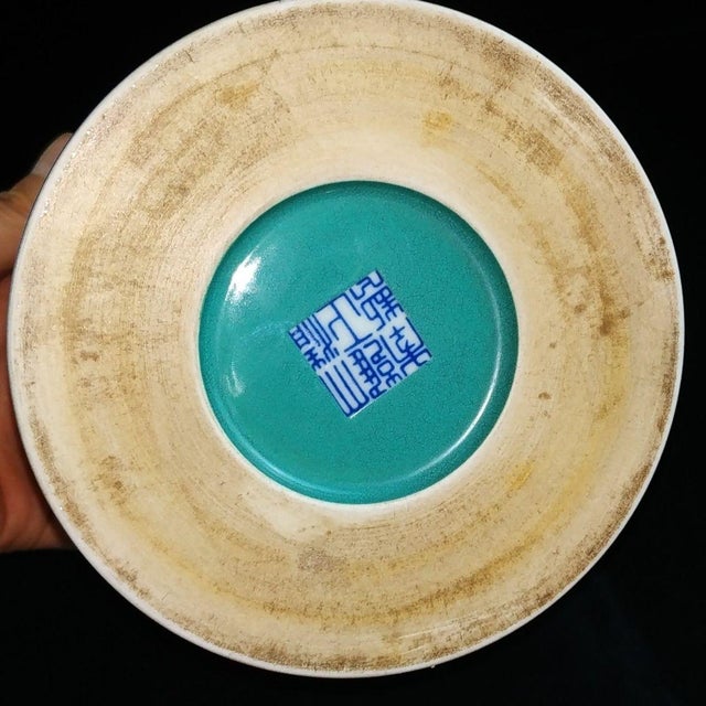 Vintage Blue & White Porcelain Dragon Brush Pot With Green Interior For Sale - Image 9 of 9
