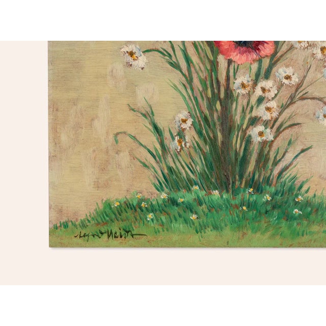 Beige Poppy and Sunflowers, 1960s, Oil Paintings on Plate, Framed, Set of 2 For Sale - Image 8 of 11